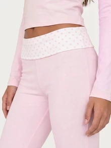MISSGUIDED TEEN Low Rise Flared Leggings With Polka Dot Fold-Over Waistband Bell Bottom Stretch Pants Spring Summer Festival Y2K Style - Pink - View 5