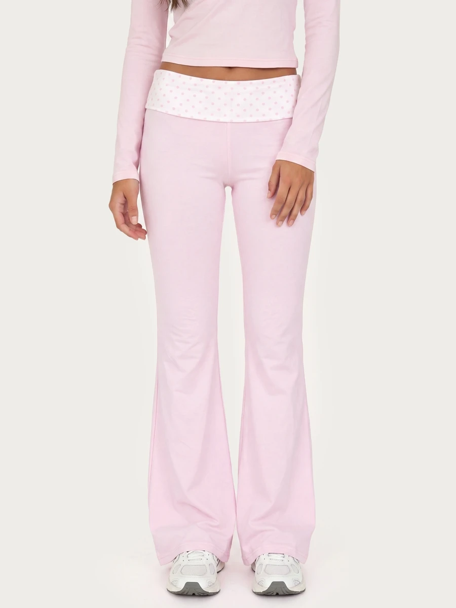 MISSGUIDED TEEN Low Rise Flared Leggings With Polka Dot Fold-Over Waistband Bell Bottom Stretch Pants Spring Summer Festival Y2K Style - Pink - View 1