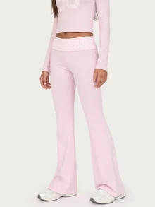 MISSGUIDED TEEN Low Rise Flared Leggings With Polka Dot Fold-Over Waistband Bell Bottom Stretch Pants Spring Summer Festival Y2K Style - Pink - View 4
