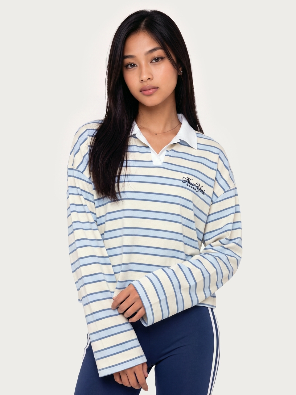MISSGUIDED TEEN Boxy Fit Striped Long Sleeve Crop Polo Top With New York Embroidery Chest Print And Full Back Graphic Text Detail