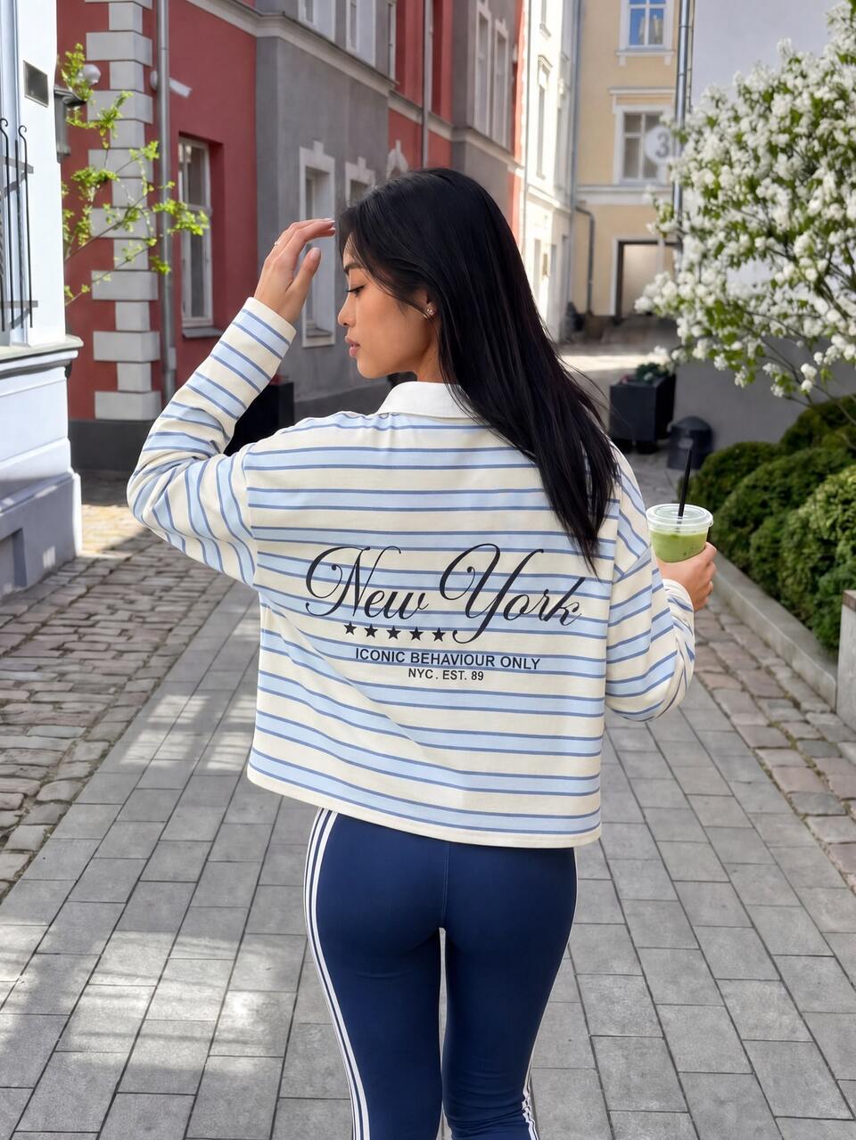 MISSGUIDED TEEN Boxy Fit Striped Long Sleeve Crop Polo Top With New York Embroidery Chest Print And Full Back Graphic Text Detail