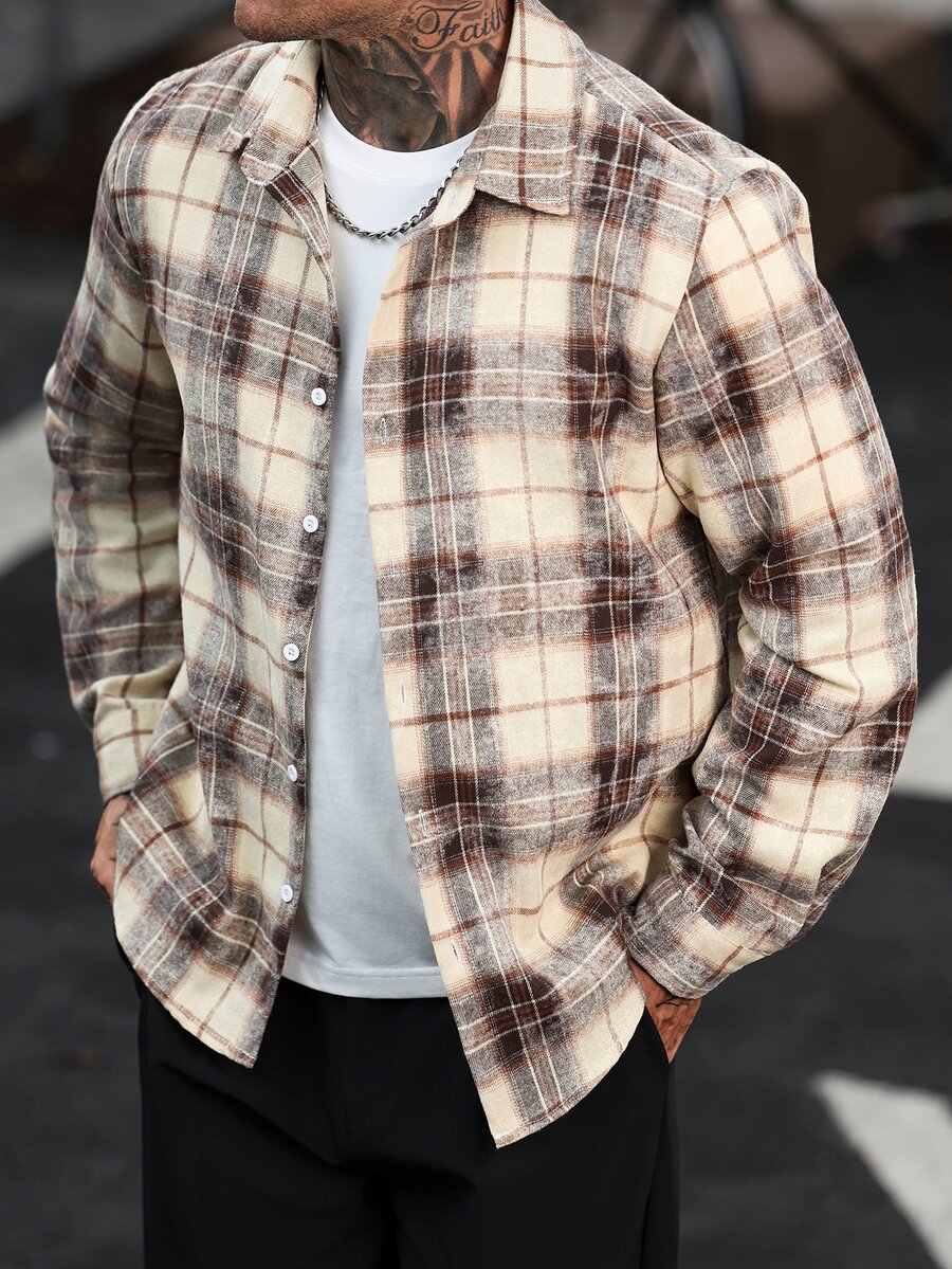 Manfinity CasualCool 男士休閒時尚單排扣格紋長袖襯衫 - 彩色 - 查看 1