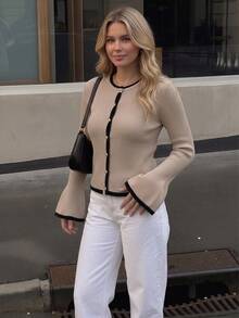 SHEIN PariChic Women's Elegant Contrast Color Long Sleeve Knit Cardigan - Khaki - View 8