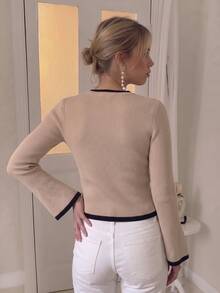 SHEIN PariChic Women's Elegant Contrast Color Long Sleeve Knit Cardigan - Khaki - View 2