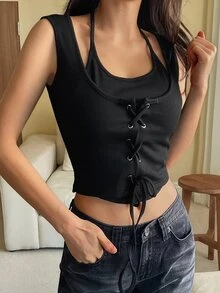 FRIFUL Kamisol Wanita 2 in 1 Berbahan Ribbed dengan Hiasan Tali Silang di Depan, Pas Badan, untuk Liburan Musim Panas - Hitam - View 2