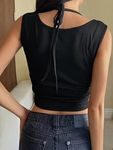 FRIFUL Kamisol Wanita 2 in 1 Berbahan Ribbed dengan Hiasan Tali Silang di Depan, Pas Badan, untuk Liburan Musim Panas - Hitam - View 7