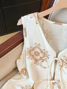 GlowEve Floral Print Tie Front Fringe Trim Shirt & Shorts 2 Pieces Set For Women, Vacation - Apricot - View 3