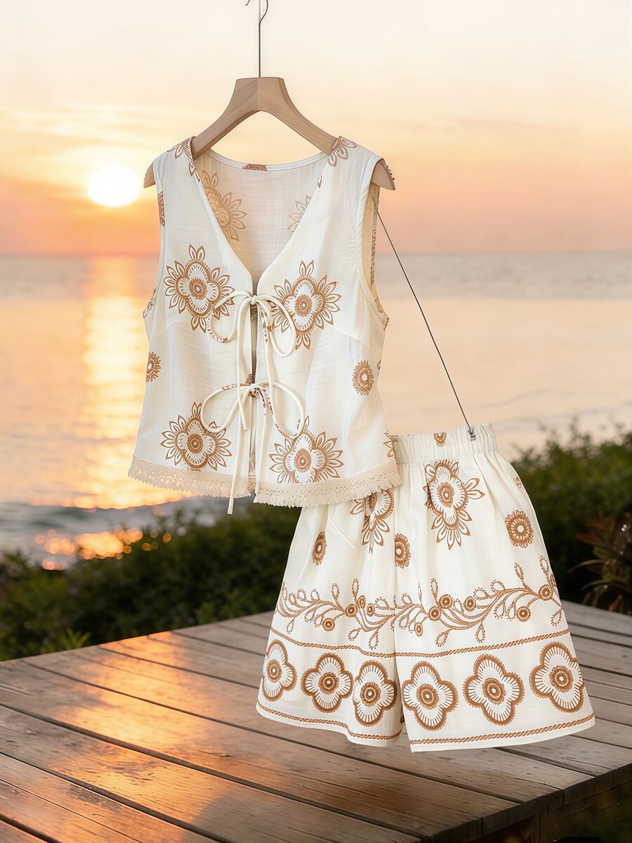 GlowEve Floral Print Tie Front Fringe Trim Shirt & Shorts 2 Pieces Set For Women, Vacation - Apricot - View 1