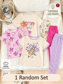 SHEIN 1套隨機驚喜價值女童休閒甜美可愛開學系列印花短袖T恤與內搭褲套裝，適合日常穿著、度假，舒適隨興，休閒風格，女童休閒穿搭首選 - 彩色 - 查看 3