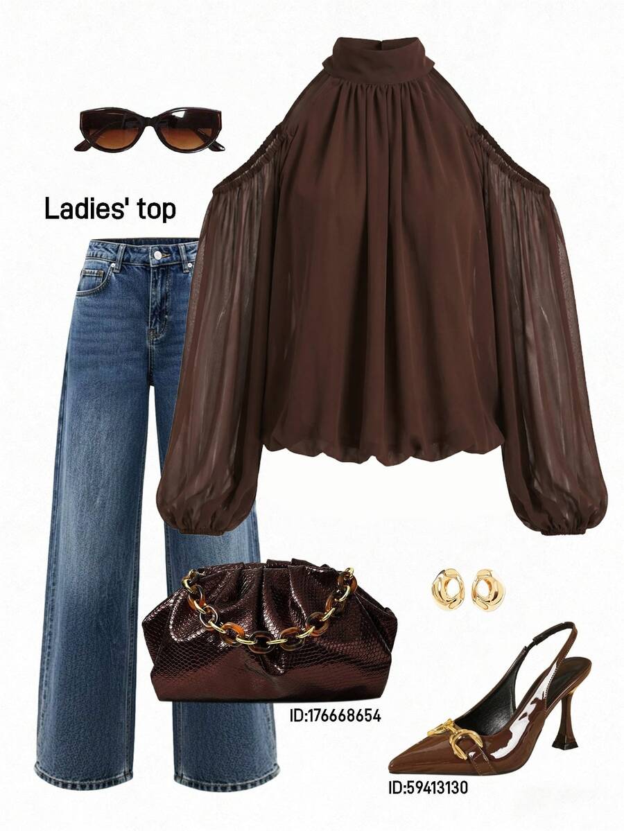 Lavishia Women's Solid Color Halter Neck Chiffon Sheer Cold Shoulder Blouse,Autumn Outfits For Women - Mocha Brown - View 1