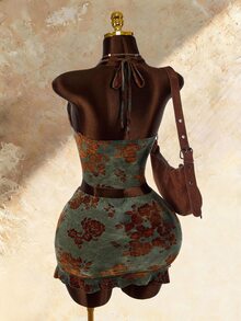 Amplova Plus Size Women Floral Print Deep V-Neck Halter Crop Top Bodycon Mini Skirt Sexy Y2k 2 Pieces Set Autumn Outfits For Women Women's Country Clothing - Multicolor - View 7