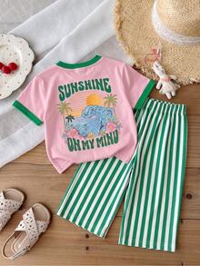 Baby Girl Cute Vintage Beach Vacation Print, Pink, White And Green Color Block Stripes, Matching " " Style, Casual Minimalist Outfit - Multicolor - View 4