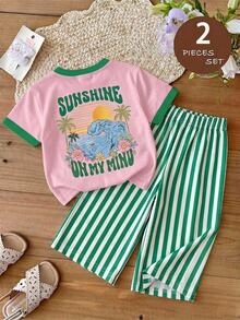 Baby Girl Cute Vintage Beach Vacation Print, Pink, White And Green Color Block Stripes, Matching " " Style, Casual Minimalist Outfit - Multicolor - View 1