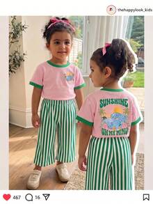 Baby Girl Cute Vintage Beach Vacation Print, Pink, White And Green Color Block Stripes, Matching " " Style, Casual Minimalist Outfit - Multicolor - View 3