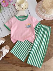 Baby Girl Cute Vintage Beach Vacation Print, Pink, White And Green Color Block Stripes, Matching " " Style, Casual Minimalist Outfit - Multicolor - View 2