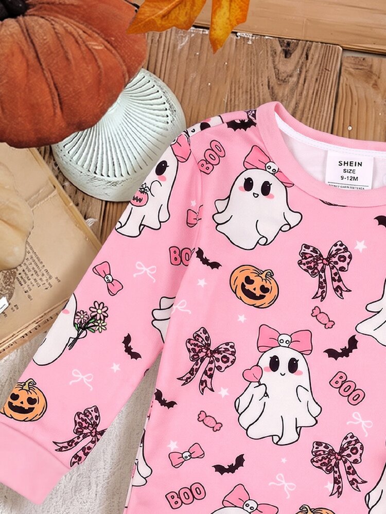 Halloween Party! Cute Sweet Halloween Little Ghost, Candy, Bow, Pumpkin Pattern, Young Girl Casual Minimalist Soft Comfortable Long Sleeve Long Pants Loungewear Suitable For Autumn/Winter Snug Fit Snug Fit Suitable For Halloween - Multicolor - View 8