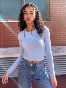 MISSGUIDED TEEN 修身長袖圓領短版上衣，胸前草寫標語字體印花，秋冬休閒日常穿搭 - 藍色 - 查看 6