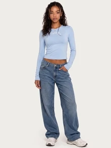 MISSGUIDED TEEN 修身長袖圓領短版上衣，胸前草寫標語字體印花，秋冬休閒日常穿搭 - 藍色 - 查看 3