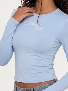 MISSGUIDED TEEN 修身長袖圓領短版上衣，胸前草寫標語字體印花，秋冬休閒日常穿搭 - 藍色 - 查看 5