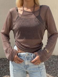 FRIFUL Women Sheer Asymmetrical Collar Long Sleeve Top, Summer Going Out Tops - Brown - View 7