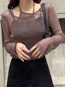 FRIFUL Women Sheer Asymmetrical Collar Long Sleeve Top, Summer Going Out Tops - Brown - View 1