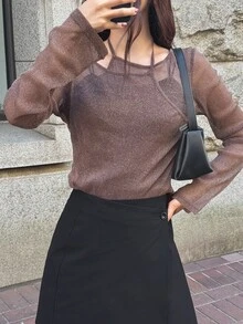 FRIFUL Women Sheer Asymmetrical Collar Long Sleeve Top, Summer Going Out Tops - Brown - View 6
