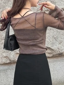 FRIFUL Women Sheer Asymmetrical Collar Long Sleeve Top, Summer Going Out Tops - Brown - View 5
