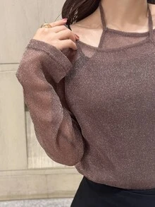 FRIFUL Women Sheer Asymmetrical Collar Long Sleeve Top, Summer Going Out Tops - Brown - View 4