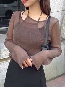 FRIFUL Women Sheer Asymmetrical Collar Long Sleeve Top, Summer Going Out Tops - Brown - View 3
