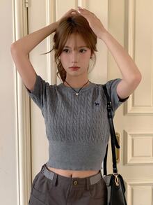DAZY Letter Embroidery Cable Knit Top Cute Tops - Grey - View 4