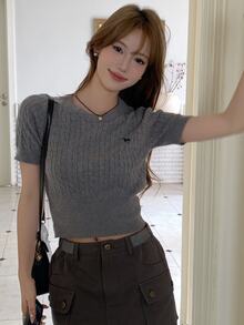 DAZY Letter Embroidery Cable Knit Top Cute Tops - Grey - View 5