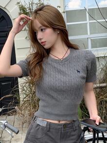 DAZY Letter Embroidery Cable Knit Top Cute Tops - Grey - View 2