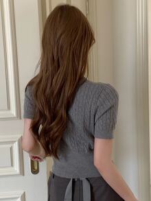 DAZY Letter Embroidery Cable Knit Top Cute Tops - Grey - View 7