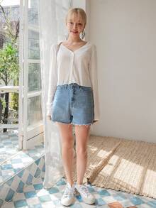 DAZY Button Front Solid Tee Long Sleeve Women Tops,Fall Women Clothes - White - View 4