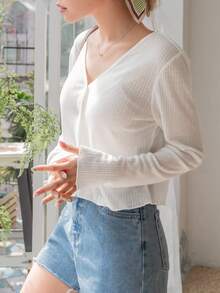 DAZY Button Front Solid Tee Long Sleeve Women Tops,Fall Women Clothes - White - View 8