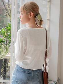 DAZY Button Front Solid Tee Long Sleeve Women Tops,Fall Women Clothes - White - View 2