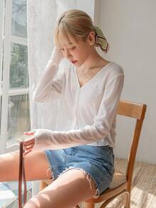 DAZY Button Front Solid Tee Long Sleeve Women Tops,Fall Women Clothes - White - View 5