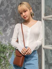DAZY Button Front Solid Tee Long Sleeve Women Tops,Fall Women Clothes - White - View 3