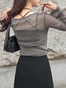 FRIFUL Women's Long Sleeve Sheer Mesh Layered See-Through Top, Autumn Going Out Tops - Dark Grey - View 5
