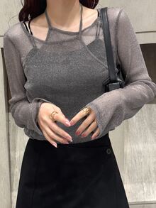 FRIFUL Women's Long Sleeve Sheer Mesh Layered See-Through Top, Autumn Going Out Tops - Dark Grey - View 3