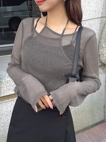 FRIFUL Women's Long Sleeve Sheer Mesh Layered See-Through Top, Autumn Going Out Tops - Dark Grey - View 4