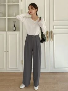 DAZY Plicated Detail Suit Pants,Women Dress Pants Fall/Winter Business Attire - Dark Grey - View 3