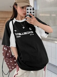DAZY تي شيرت نسائي بياقة مستديرة وأكمام قصيرة بتصميم رقعي، تي شيرت صيفي كبير الحجم، تيشيرتات جرافيك بطراز بريبي - الأسود - مشاهدة 3