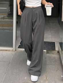 Dazy Designer Women's Solid Color Front Button Straight Leg Casual Pants - Grey - View 4