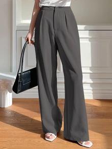 Dazy Designer Women's Solid Color Front Button Straight Leg Casual Pants - Grey - View 3