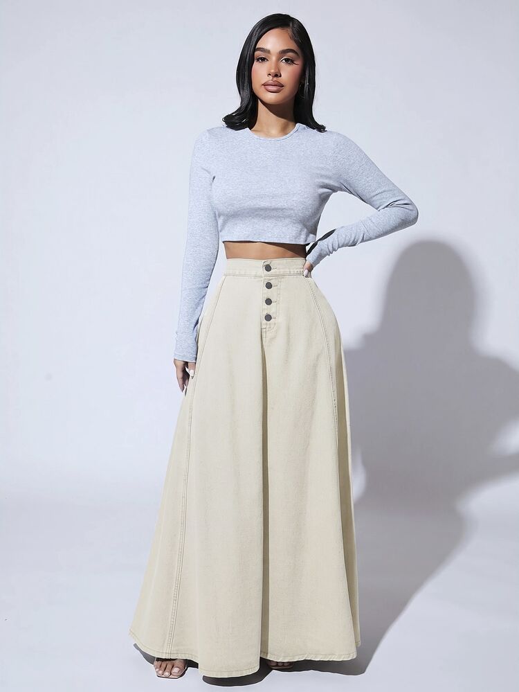 SHEIN SXY Women's Button Front Casual Commute Denim Skirt - Apricot - View 4