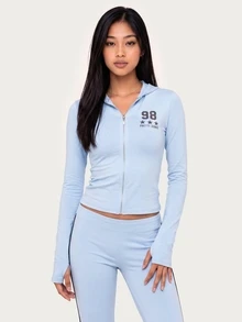 MISSGUIDED TEEN Pretty Iconic 98 Stars Chest Print Cropped Full-Zip Sweatshirt With Extra Long Thumb Hole Sleeves And Star Zipper Pull - Blue - View 1