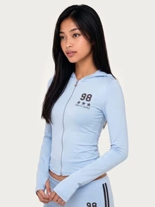 MISSGUIDED TEEN Pretty Iconic 98 Stars Chest Print Cropped Full-Zip Sweatshirt With Extra Long Thumb Hole Sleeves And Star Zipper Pull - Blue - View 4