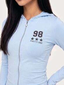 MISSGUIDED TEEN Pretty Iconic 98 Stars Chest Print Cropped Full-Zip Sweatshirt With Extra Long Thumb Hole Sleeves And Star Zipper Pull - Blue - View 5