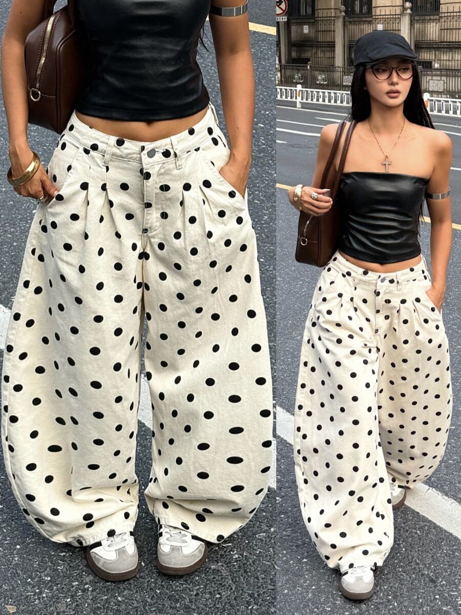 Coolane 女款夏秋街頭風外出休閒復古純棉黑色波點圖案低腰白色牛仔香蕉哈倫褲